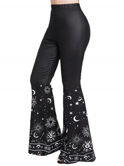 Celestial Sun Moon Star Print Flare Pants Elastic Waist Casual Long Pants