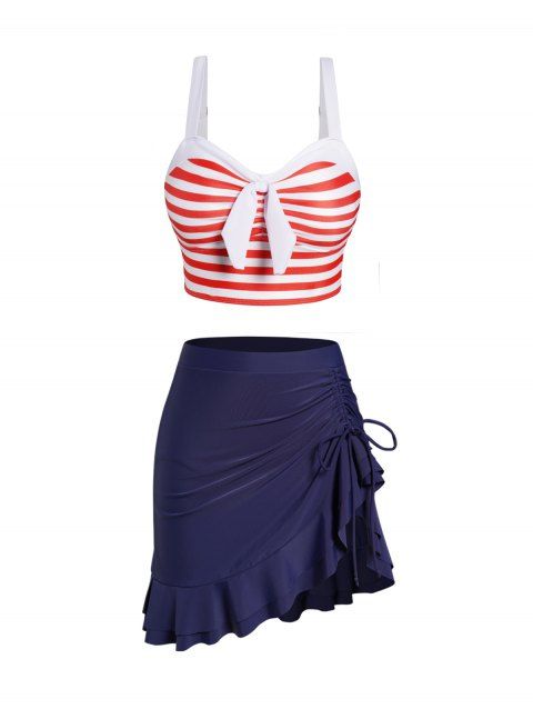 Stripe Print Tankini Swimsuit Cinched Flounce Skorts Tankini Two Piece Swimwear Padded Bathing Suit
