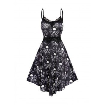 

Skull Flower Allover Print Gothic Dress Lace Insert V Neck Adjustable Spaghetti Strap Dress, Black