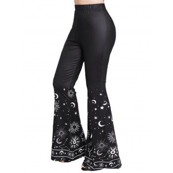 

Celestial Sun Moon Star Print Flare Pants Elastic Waist Casual Long Pants, Black