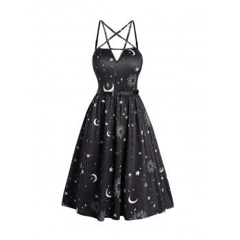 

Celestial Sun Moon Star Print Belted Dress Crisscross Spaghetti Strap A Line Dress, Black