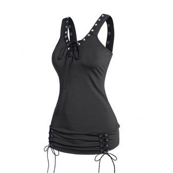 

Gothic Tank Top Lace Up Grommet V Neck Plain Color Long Tank Top, Black