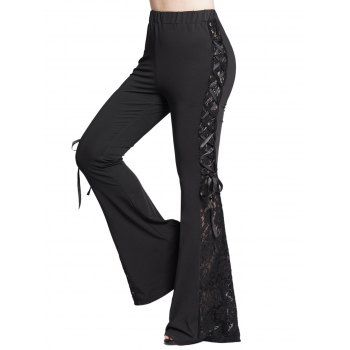 

See Thru Lace Panel Flare Pants Lace Up Elastic High Waist Long Pants, Black