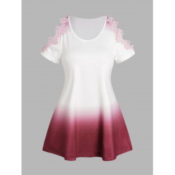 

Ombre T Shirt Guipure Lace Cold Shoulder Casual Tee, Deep red
