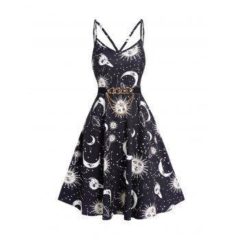 

Celestial Sun Moon Planet Print Dress Cut Out Chain Embellishment High Waisted A Line Short Dress, Black