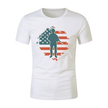 

American Flag Soldier Print T-shirt Short Sleeve Casual Round Neck Patriotic Tee, White