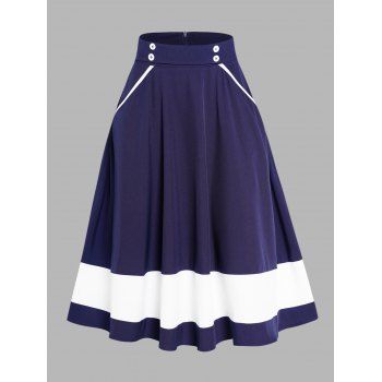 

Contrast Colorblock Skirt Zipper Fly Mock Button A Line Midi Skirt, Deep blue