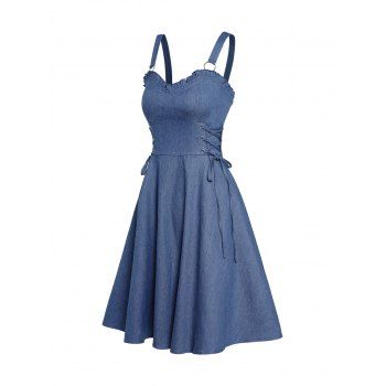 

Ruffle Hem Denim Dress Empire Waist Lace Up Sleeveless A Line Short Dress, Blue