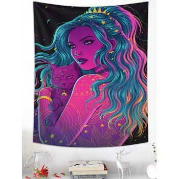 

Galaxy Lady Cat Psychedelic Print Hanging Wall Tapestry, Multicolor