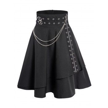 

Gothic Skirt Plain Color Grommet Chain Embellishment Zipper Fly Layered A Line Mini Skirt, Black