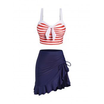 

Stripe Print Tankini Swimsuit Cinched Flounce Skorts Tankini Two Piece Swimwear Padded Bathing Suit, Deep blue