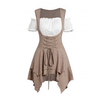 

Vintage Two Piece Set Lace Up Layered Asymmetric Top And Off The Shoulder Ruffles Short Sleeve T-shirt, Coffee