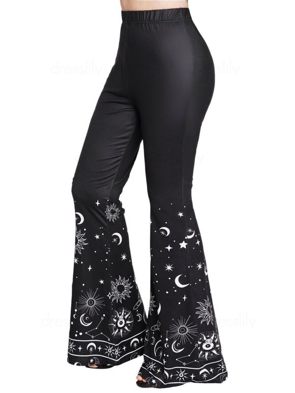 Pantalon Décontracté Long Evasé à Imprimé Lune Etoile et Soleil à Taille Elastique - Noir XL