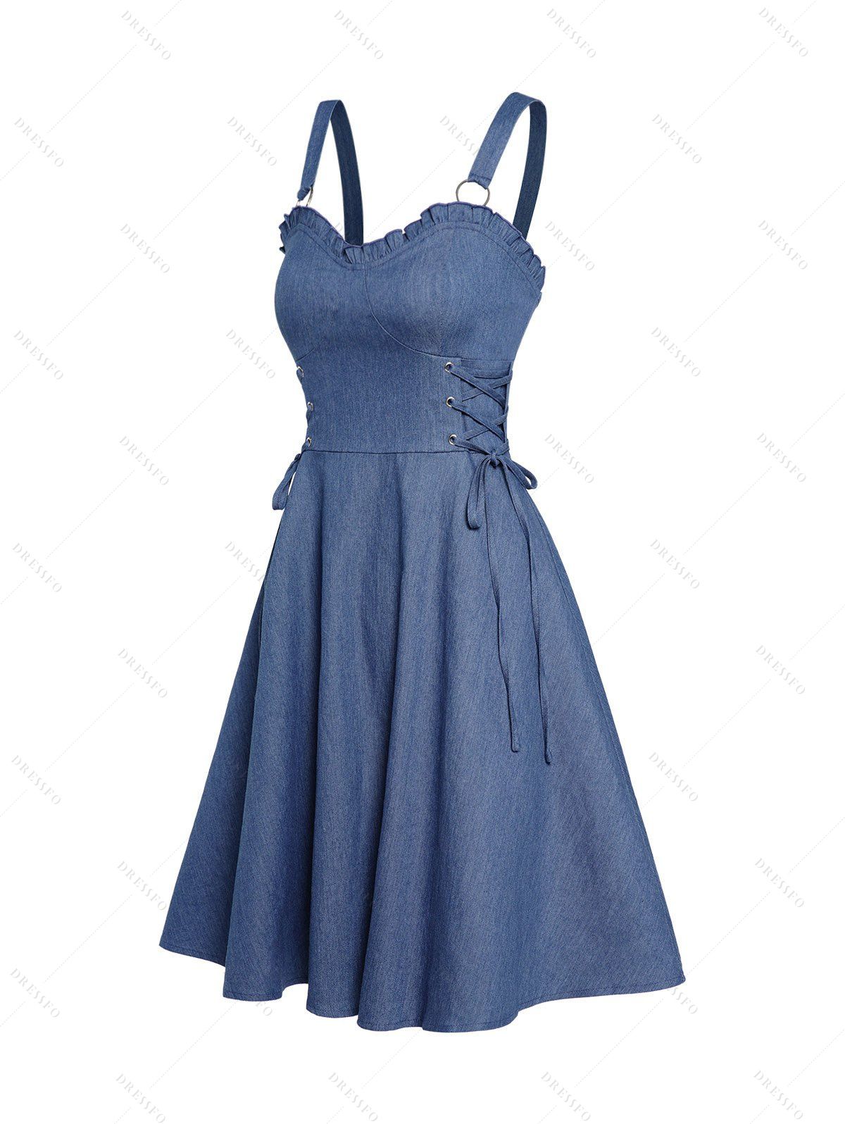 Dresslily Ruffle Hem Denim Dress Empire Waist Lace Up Sleeveless A Line Short Dress