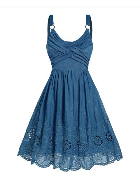 Hollow Out Flower Embroidery A Line Dress Scalloped Hem Crossover O Ring Strap Sleeveless Dress