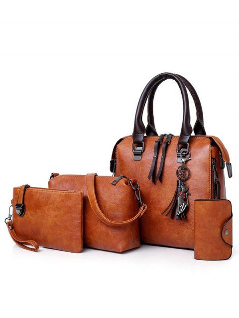 3 Pièces Sacs à Main Vintage en Cuir PU avec Fermeture Éclair et Pompon pour Extérieur