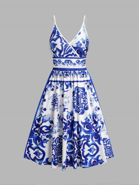 Floral Ceramic Print Cami Dress Surplice Plunge Spaghetti Strap Backless Dress