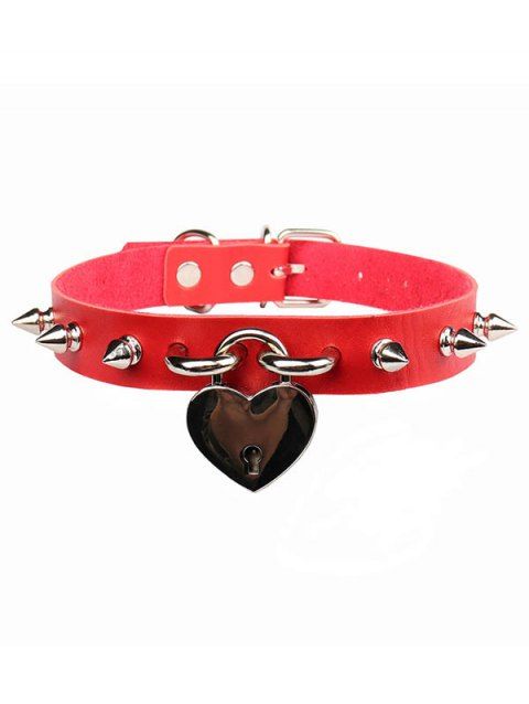 Gothic Choker Heart Pendant Rivet Adjustable Faux Leather Necklace