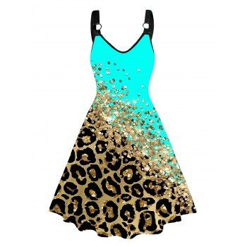 

Plus Size & Curve Dress Sparkly Sequined Leopard Print Colorblock O Ring V Neck Dress, Multicolor a