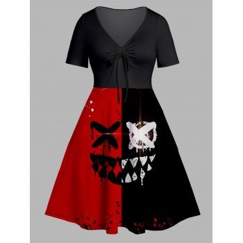 

Plus Size & Curve Two Tone Dress Smiling Face Print Cinched V Neck Short Sleeve Dress, Black