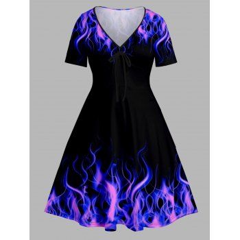 

Plus Size & Curve Dress Flame Print Cinched V Neck Short Sleeve Dress, Black