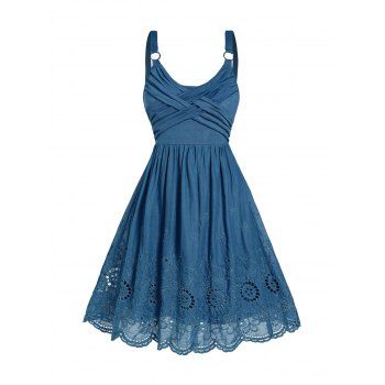 

Hollow Out Flower Embroidery A Line Dress Scalloped Hem Crossover O Ring Strap Sleeveless Dress, Blue