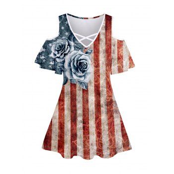 

American Flag Flower Print T-shirt Cold Shoulder Crisscross V Neck Short Sleeve Tee, Red