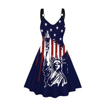 

Star And Stripe Statue Of Liberty Print Dress O Ring V Neck A Line Patriotic Dress, Deep blue