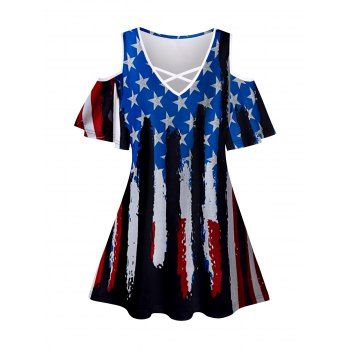 

Star And Stripe American Flag T-shirt Cold Shoulder Short Sleeve Tee, Black