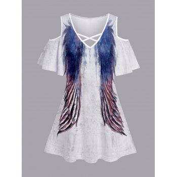 

Cold Shoulder Wing Paint Print T-shirt Crisscross V Neck Short Sleeve Casual Tee, White