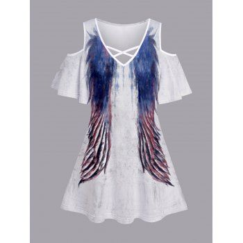 

Cold Shoulder Wing Paint Print T-shirt Crisscross V Neck Short Sleeve Casual Tee, White