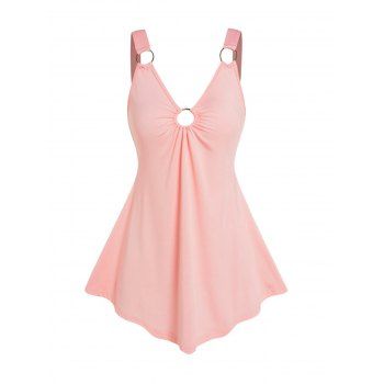 

Solid Color Ruched Tank Top O Ring Plunge Casual Tank Top, Light pink