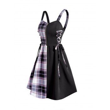 

Plaid Print Panel Mini Dress Lace Up Zipper Sleeveless Sweetheart Neck Dress, Black