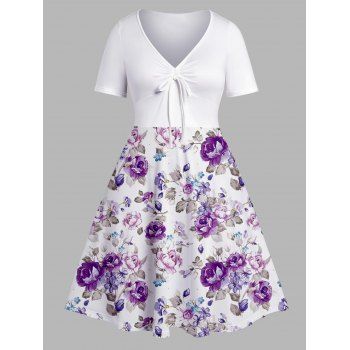 

Plus Size & Curve Flower Print Dress Cinched V Neck Short Sleeve Dress, White