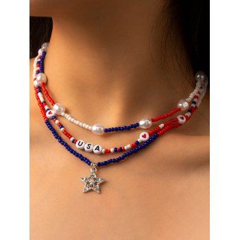 

Patriotic Necklace Letter Beaded Star Pendant Faux Pearl Layered Necklace, Multicolor a