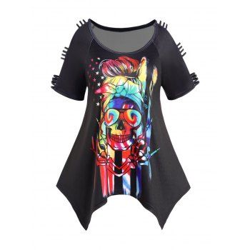 

Plus Size & Curve Long Asymmetric T-shirt Colorful Skull Skeleton Clown Paint Print Cold Shoulder Tee, Black