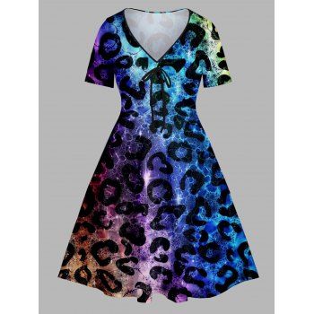 

Plus Size & Curve Dress Allover Leopard Colorful Print Cinched V Neck Short Sleeve Dress, Multicolor