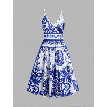 

Floral Ceramic Print Cami Dress Surplice Plunge Spaghetti Strap Backless Dress, Blue