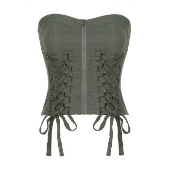 

Lace Up Zip Fly Tube Top Solid Color Vintage Strapless Top, Deep green