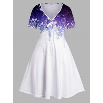 

Plus Size & Curve Dress Leaf Print Cinched V Neck Short Sleeve Dress, White