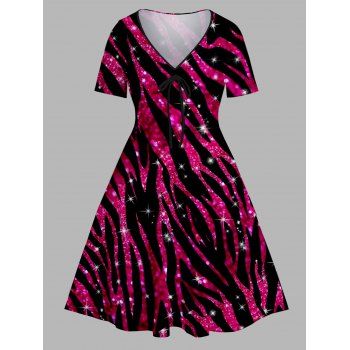 

Plus Size & Curve Sparkly Zebra Print Dress Cinched V Neck Short Sleeve Dress, Deep red