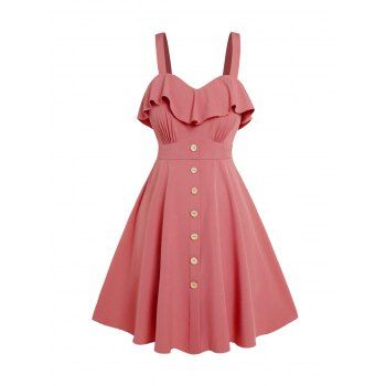 

Plus Size & Curve Dress Mock Button Solid Color Flounce Ruched High Waist Cami Dress, Light pink