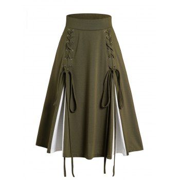 

Lace Up Skirt Two Tone Color Elastic Waist A Line Midi Skirt, Deep green