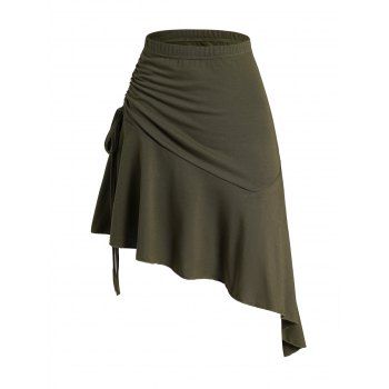 

Plain Color Skirt Cinched Asymmetrical Hem Flounce Elastic Waist A Line Mini Skirt, Deep green