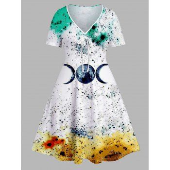 

Plus Size & Curve Dress Moon Print Cinched V Neck Short Sleeve High Waist Dress, Multicolor