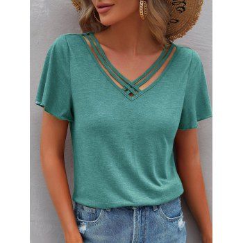 

Dual Strap Lattice V Neck Short Sleeve Casual T-shirt, Green