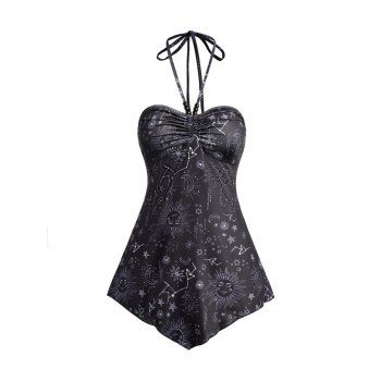 

Celestial Sun Moon Star Print Halter Tank Top Ruched Beads Backless Casual Tank Top, Black