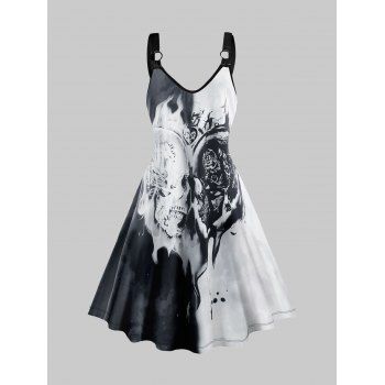 

Two Tone Skull Print Gothic Dress O Ring V Neck Casual Tank Dress, Black