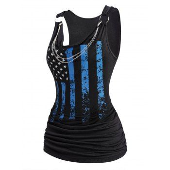 

Star And Stripe American Flag Print Patriotic Tank Top Metal Chains Ruched O Ring Cowl Neck Tank Top, Black