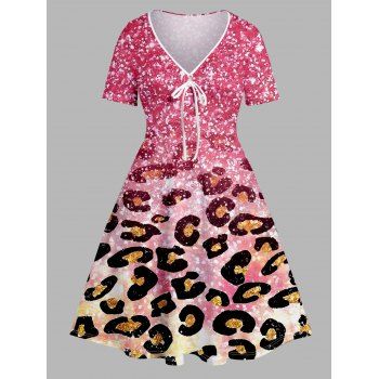 

Plus Size & Curve Dress Leopard Allover Print Cinched V Neck Short Sleeve Dress, Light pink